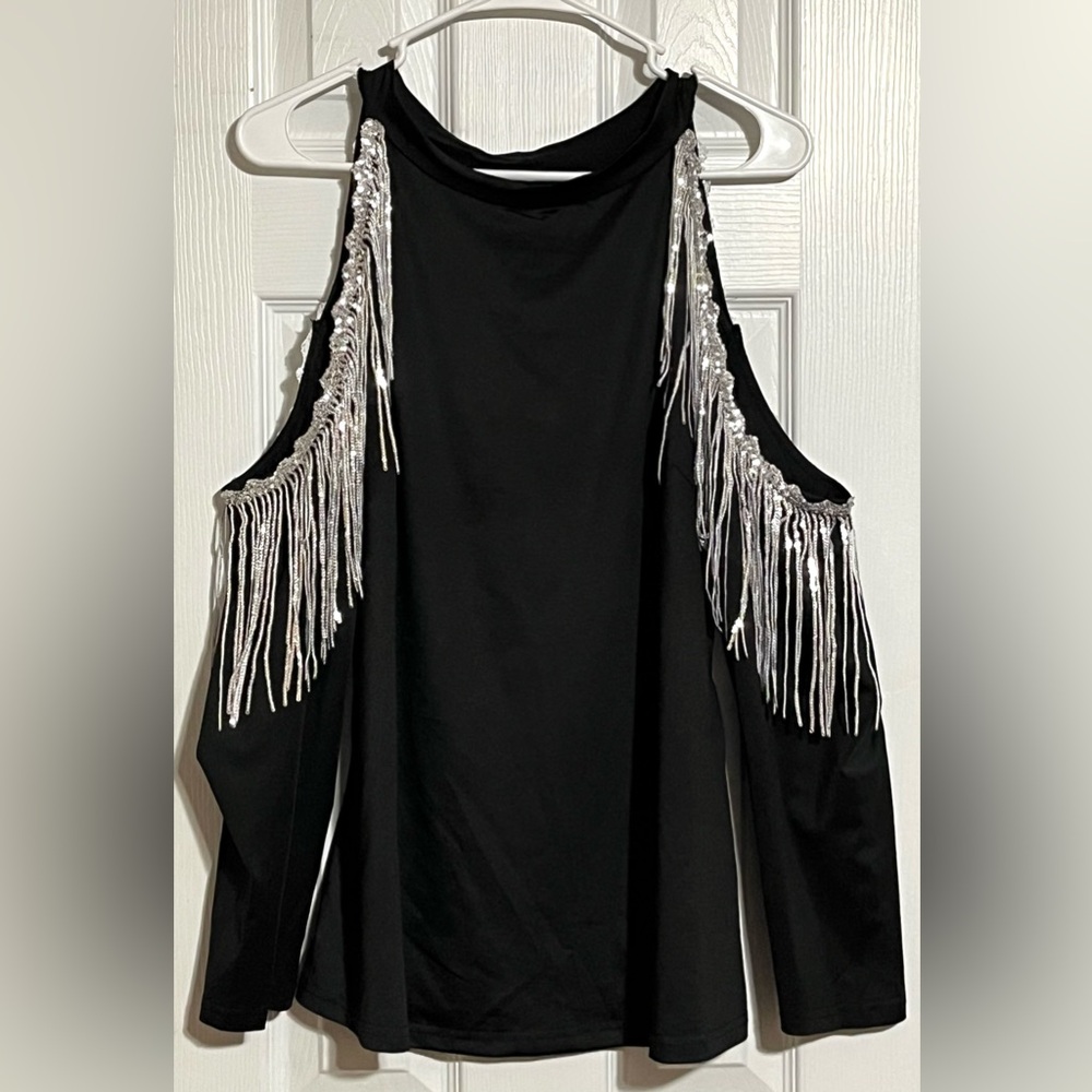 Chic Black Cold Shoulder Top with Silver Fringe